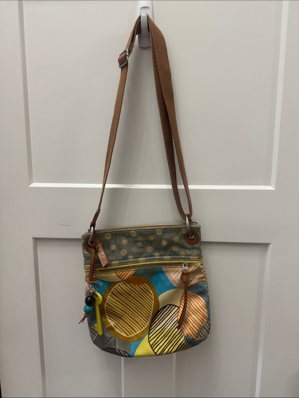 Fossil Multicolor Circle-Print Crossbody with Tan Strap